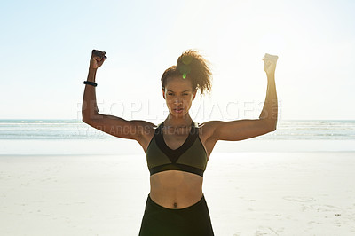 Buy stock photo Biceps, fitness and portrait with woman on beach for celebration of goals, progress or target. Arms, blue sky and flexing muscles with athlete outdoor for exercise, strength training or workout