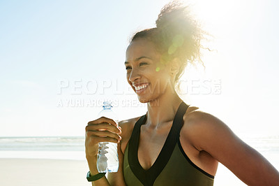 Buy stock photo Beach, runner and happy woman with water bottle for health, wellness and flare. Hydration, fitness and thirsty athlete at sea with liquid for nutrition, sports and thinking of exercise with space