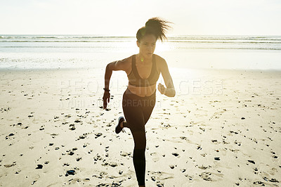 Buy stock photo Woman, running or fitness with sunset on beach for workout, exercise or outdoor training. Active, female person or runner with lens flare for sprint, cardio practice or health and wellness on space