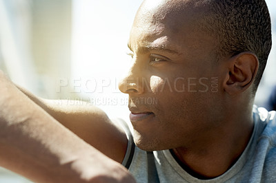 Buy stock photo Exercise, thinking and black man outdoor for fitness idea, workout challenge and reflection. Runner, athlete and thoughts in city for sports decision, health and wellness with vision for cardio