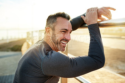 Buy stock photo Happy, running and man in morning rest for exercise, marathon training and cardio workout in town. Sports, sunshine and person for wellness, health and recovery for performance, endurance and fitness