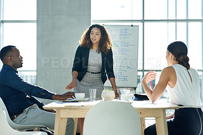 Buy stock photo Team, business people and discussion with presentation in office, compliance proposal or idea. Presenter, training and planning in meeting to review policy, strategy or explain feedback for project
