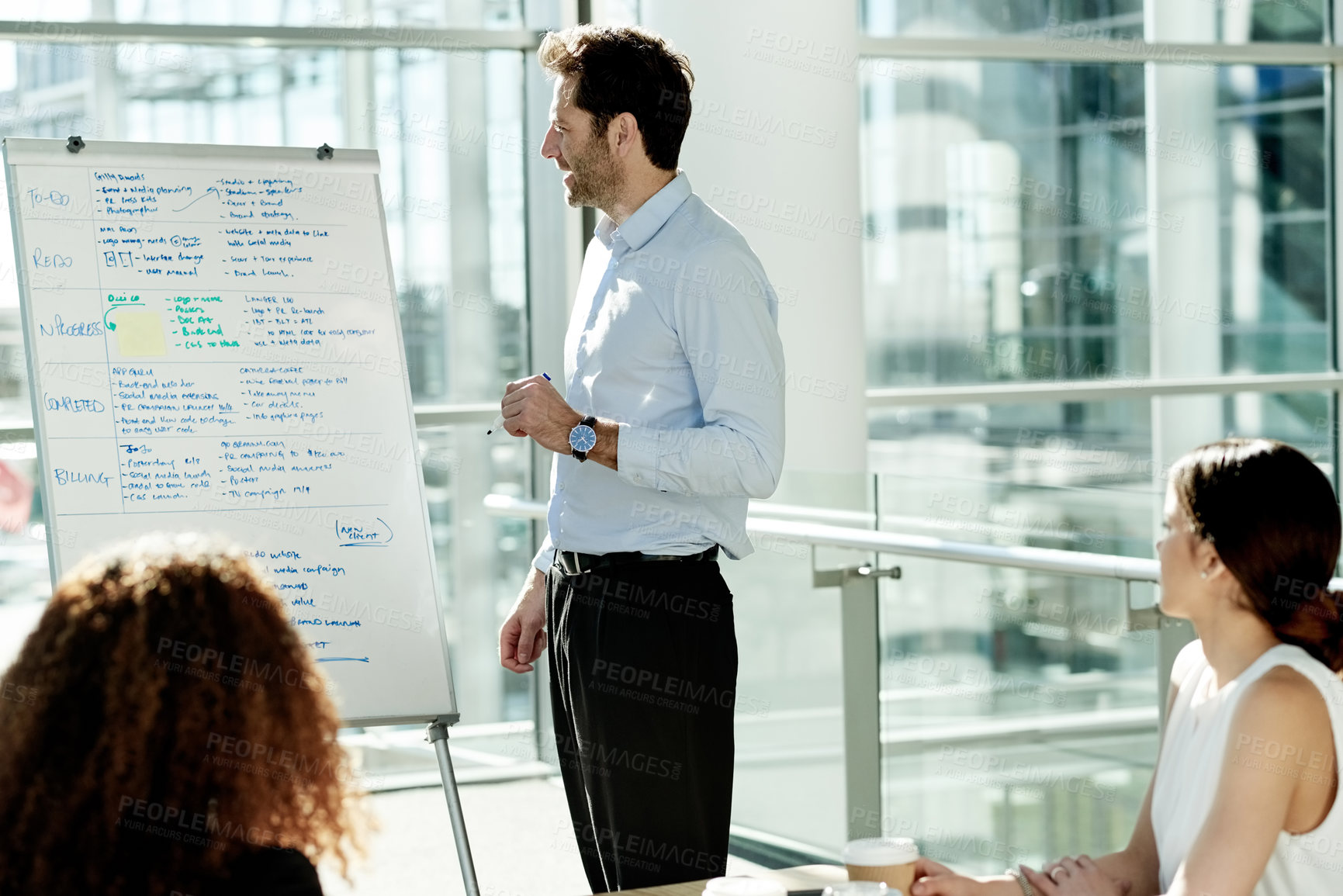 Buy stock photo Business man, team and workshop with whiteboard for finance skills, billing process and workflow. Presentation, coach and financial training in office for upskill, to do list or regulatory compliance