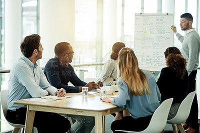 Buy stock photo Business, people and group and workshop with whiteboard for finance planning, skills and workflow. Presentation, teamwork and financial training in office for upskill, coaching and investment policy