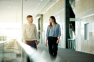 Buy stock photo Business, people and walk for meeting in lobby for discussion, planning and headline ideas. Manager, talking and employee listening for article feedback, brainstorming and proposal of online magazine
