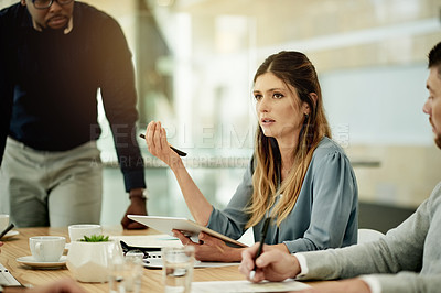 Buy stock photo Business, woman and talk with tablet in meeting for planning, article ideas and schedule reminder. Person, team and digital for feedback, brainstorming and headline information for story publication