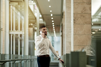 Buy stock photo Contact, business and man in office with phone call, talking and legal advice in law firm. Serious, technology and mature lawyer in lobby for discussion, counsel and guidance for judicial court case.