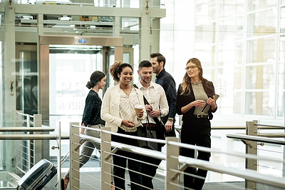 Buy stock photo Business woman, group and discussion at office building for real estate sale, negotiation and evaluation. People, realtor and agent in team, architect and feedback with tour for property assessment