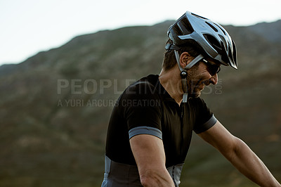 Buy stock photo Happy man, cycling and outdoor with helmet for safety, fitness or training with space and thinking. Male person, cyclist and headgear for protection in nature, reflection and prepare for triathlon