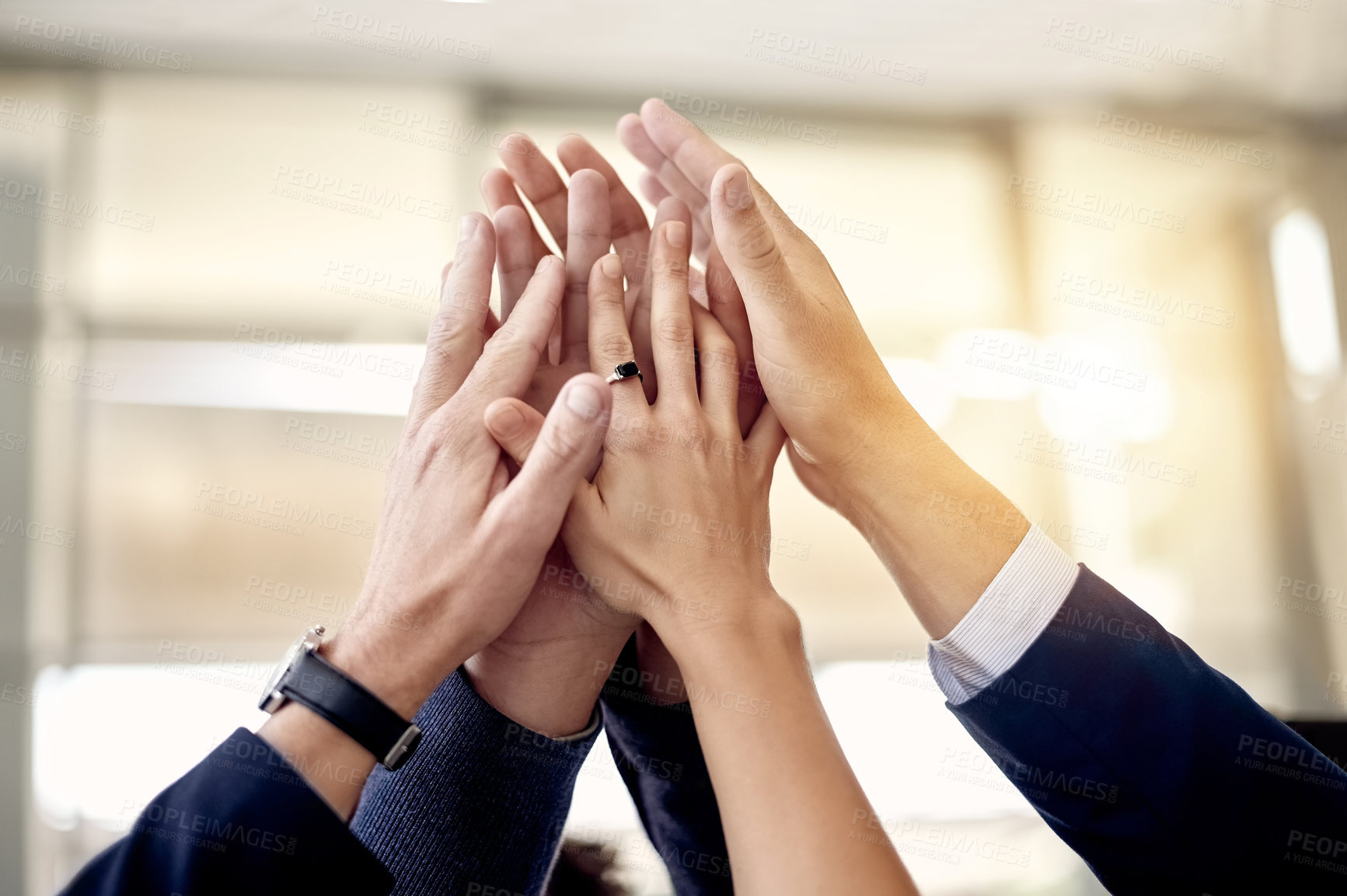 Buy stock photo Hands, lawyers and high five for teamwork, success motivation and partnership in workplace. Collaboration, case victory or people in office for company growth, attorney support or group celebration
