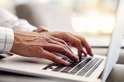 Buy stock photo Hands, lawyer and man with laptop in office for research, typing online and legal aid. Court case, business or attorney with technology keyboard in company with advisor, flare or update for review