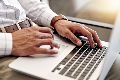 Buy stock photo Hands, keyboard and man with laptop in business for research, online news and legal aid. Court case, website or lawyer with digital technology in company with advisor, email and update for review
