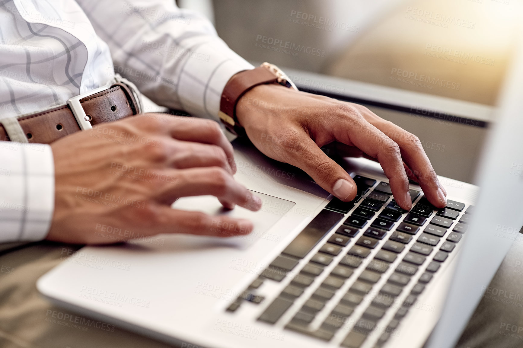 Buy stock photo Hands, keyboard and man with laptop in business for research, online news and legal aid. Court case, website or lawyer with digital technology in company with advisor, email and update for review