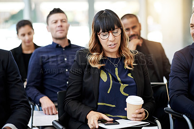 Buy stock photo Woman, phone and business people with conference, workshop and thinking for seminar event. Audience, information and technology with crowd, proposal and b2b support for presentation or pitch