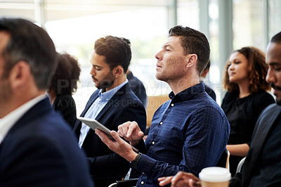 Buy stock photo Man, tablet and business people with conference, workshop or notes for seminar event. Audience, information and technology with crowd, proposal and b2b support for presentation or pitch at convention
