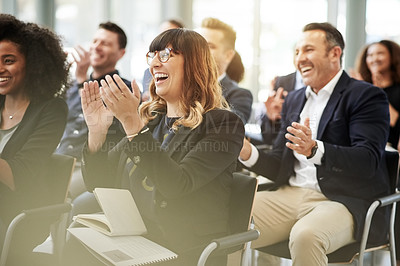 Buy stock photo Smile, applause and business people with convention, audience and notes for seminar event. Workshop, conference and clapping hands with crowd, feedback and b2b support for presentation or pitch