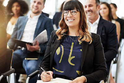 Buy stock photo Woman, smile and business people with convention, audience and notebook for seminar event. Workshop, conference and notes with crowd, feedback and b2b support for presentation and pitch planning