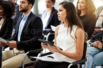 Buy stock photo Woman, tablet and business people with workshop, thinking and notes for seminar event. Conference, information and technology with crowd, convention and b2b support for audience presentation or pitch