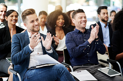 Buy stock photo Smile, applause and business people with conference, audience and notes for seminar event. Workshop, convention and clapping hands with crowd, feedback and b2b support for presentation or pitch