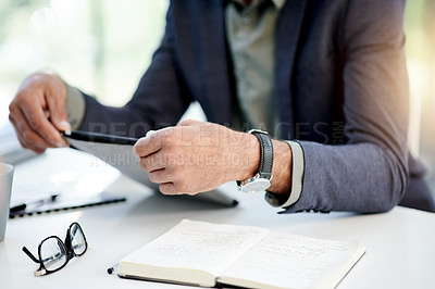 Buy stock photo Hands, notebook and businessman on tablet in office for online report, finance and audit. Technology, review or banker on touchscreen in financial agency for equity, stock research and investment