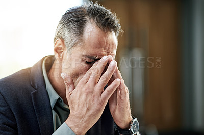 Buy stock photo Loss, stress or frustrated businessman in office for administration deadline or debt report. Tired auditor, anxiety or exhausted administrator in workplace with headache, project crisis or burnout