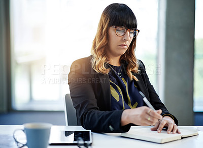 Buy stock photo Writing, journal and business woman in office for schedule, planning and reminder. To do list, information and notes with employee, diary and notebook for checklist or agenda and idea for management