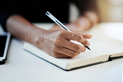 Buy stock photo Business woman, hands and writing in notebook in office for schedule planning, tasks and reminder. To do list, employee and journal entry at desk for appointment, taking notes and calendar planner