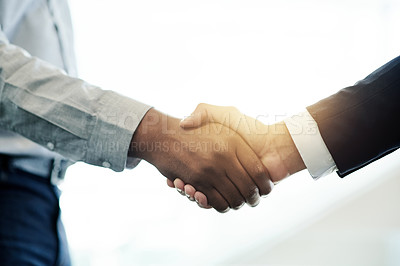 Buy stock photo Business people, equity or handshake in company for deal,, investment space and B2B agreement. Meeting, executive director or entrepreneur greeting investor for collaboration, support and funding