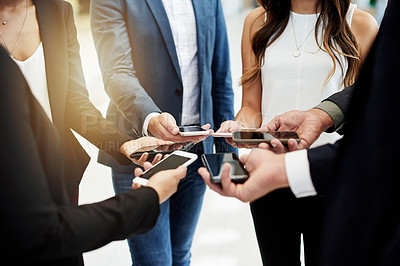 Buy stock photo Smartphone, hands and business people in circle in office for connectivity, networking or communication. Technology, team and group of lawyers with phone for email with collaboration in workplace.