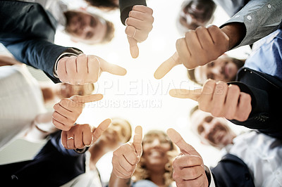Buy stock photo Below, hands or business people with thumbs up in office for good job, well done or teamwork. Group, success or employees in agreement with like feedback or yes sign for review or staff development
