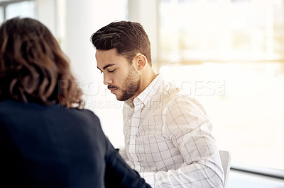 Buy stock photo Planning, meeting and team with business man in office for workshop, brainstorming and budget proposal. Collaboration, strategy and project with people in agency for space, advisor and discussion