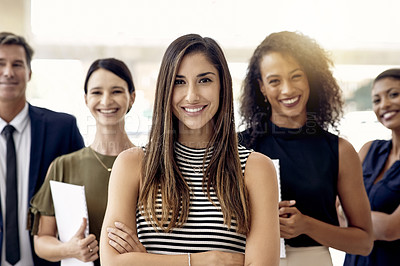 Buy stock photo Happy, leadership or people in office with confidence, about us and portrait for company website. Smile, management and recruitment team in lobby with folded arms, corporate diversity or introduction