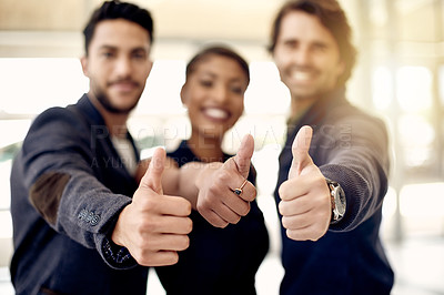 Buy stock photo Happy, people or hands in office with thumbs up, good news and success for candidate. Smile, management or recruitment team portrait in lobby with approval, corporate and diversity for work.
