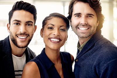 Buy stock photo Portrait, people and sales team in office with smile, collaboration and and cooperation in business. Happiness, diversity and group in corporate with colleagues, confidence and advisors in finance