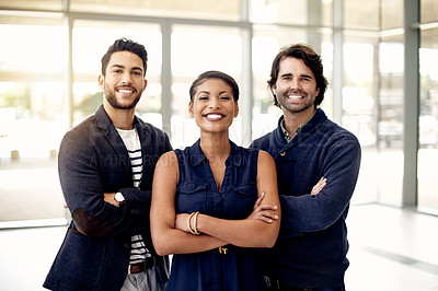 Buy stock photo Portrait, group and sales team in office with arms crossed, collaboration and and cooperation in business. Happiness, diversity and people in corporate with smile, confidence and advisors in finance