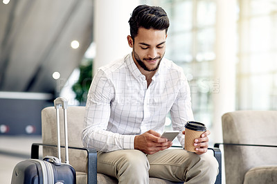 Buy stock photo Business travel, employee and man with smartphone, airport or smile for job opportunity or suitcase. Checking, booking and person with luggage for international journey, coffee and mobile for chat