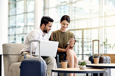 Buy stock photo Laptop, reading and phone with business people in airport lobby for planning, VIP lounge and research. Conference trip, conversation and collaboration with man and woman in airline club for email