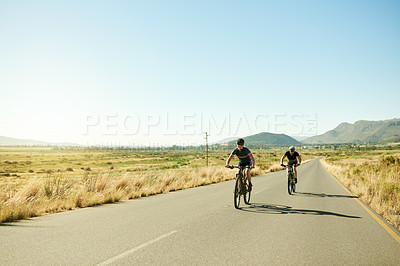 Buy stock photo Cycling, workout and travel with couple in nature for wellness, race team and cardio fitness. Exercise, training and bike with man and woman in countryside for mockup, sports and bicycle space