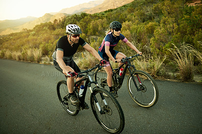 Buy stock photo Active, race and couple with bicycle, nature or cycling for wellness, fitness and helmet for safety. Healthy, athlete and people with eco friendly transport, travel and adventure with bike or outdoor