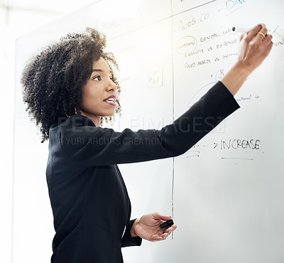 Buy stock photo Woman, board and writing at office with budget, planning and review for asset management at company. African person, notes and agenda with expenses, problem solving or finance at corporate agency