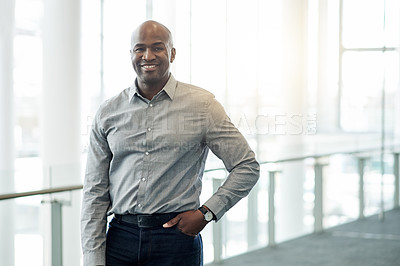 Buy stock photo Business, smile and portrait of black man in lobby of convention center for seminar or symposium. Expo, happy and tradeshow with mature African employee at conference for development or workshop