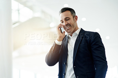 Buy stock photo Talk, phone call and mature business man networking, chat and investment guidance. Mobile, happy financial consultant and communication with contact for conversation, wealth advice or flare in office