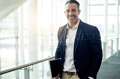 Buy stock photo Happy, pride and portrait of businessman in lobby for corporate finance conference. Smile, confident and male financial manager with tablet at seminar for investment proposal or accounting agency