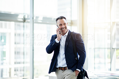 Buy stock photo Phone call, smile and business man in office for negotiation, insurance offer or deal. Talking, mobile and mature broker in workplace for conversation, communication and feedback for claims update