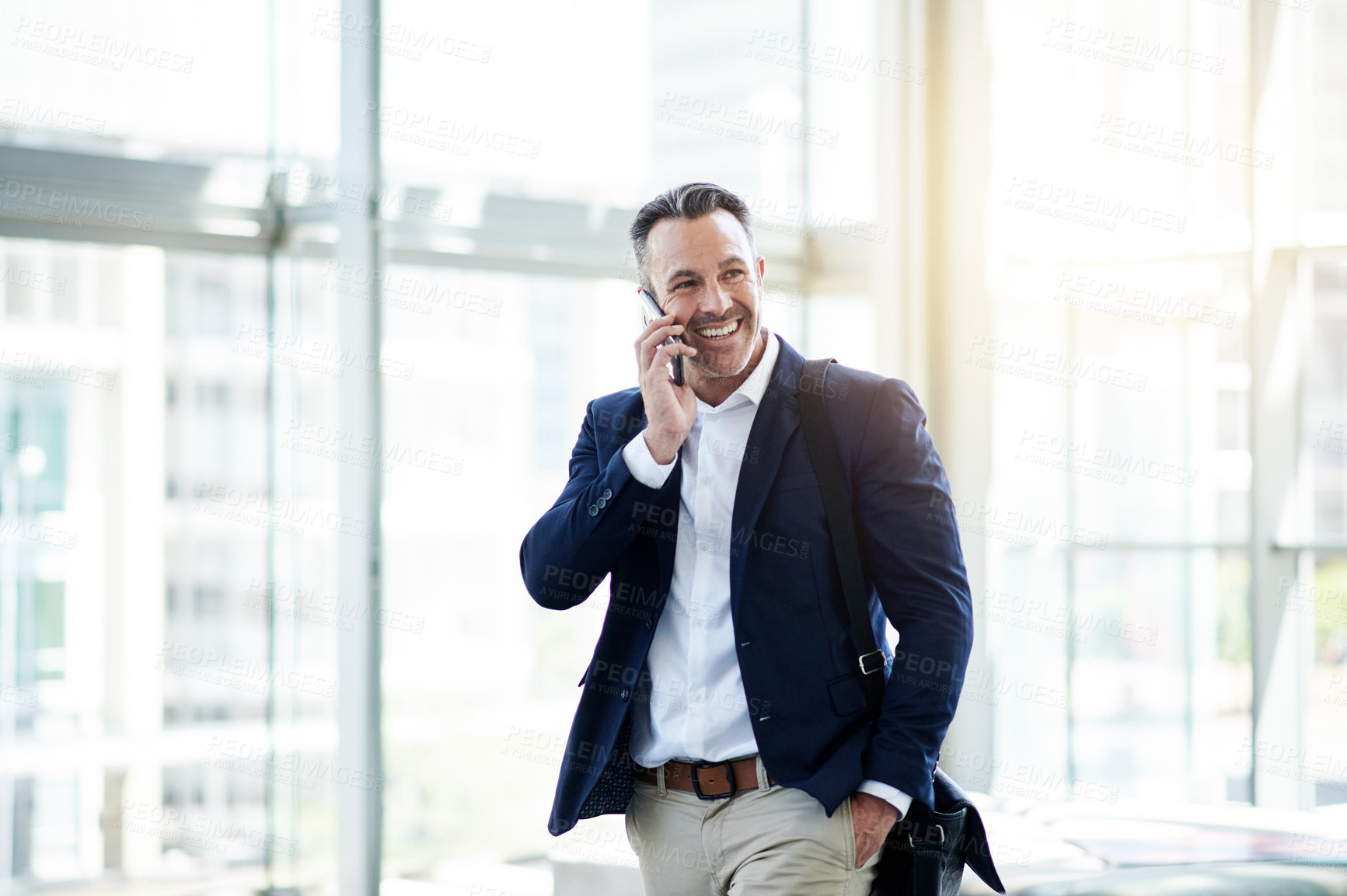 Buy stock photo Phone call, smile and business man in office for negotiation, insurance offer or deal. Talking, mobile and mature broker in workplace for conversation, communication and feedback for claims update