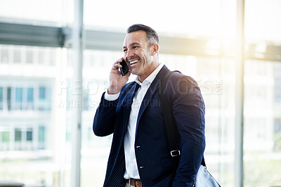 Buy stock photo Phone call, laugh and business man in office for negotiation, insurance offer or communication. Talk, mobile and mature broker in workplace for conversation, funny joke and feedback for claims update