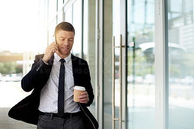 Buy stock photo Coffee, commute and phone call with business man outdoor for travel to job or work location. Communication, drink and professional employee walking to city destination for start of corporate career