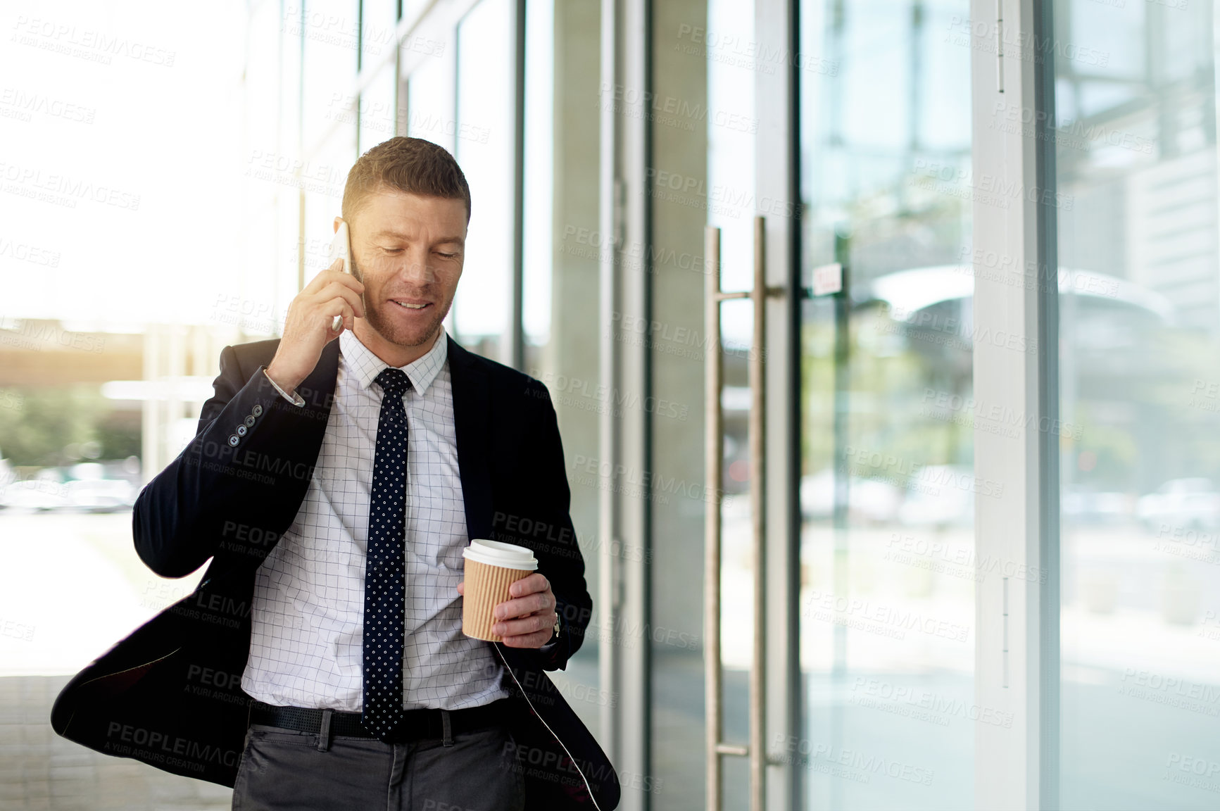 Buy stock photo Coffee, commute and phone call with business man outdoor for travel to job or work location. Communication, drink and professional employee walking to city destination for start of corporate career
