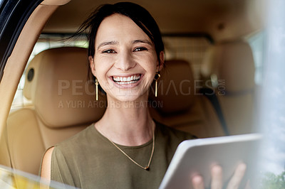 Buy stock photo Woman, taxi and tablet with portrait for travel, urban commute and communication on drive. Transport, car window and cab ride with business person, technology and schedule or agenda on road to work