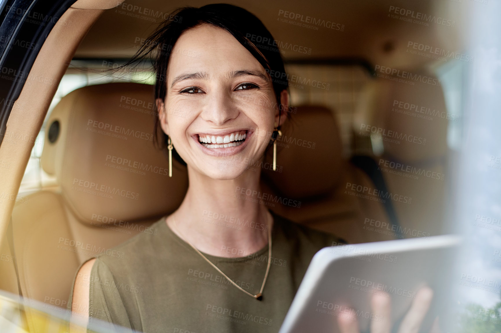 Buy stock photo Woman, taxi and tablet with portrait for travel, urban commute and communication on drive. Transport, car window and cab ride with business person, technology and schedule or agenda on road to work